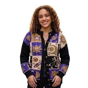 South Wool Vintage Celestial Patchwork Sun Moon Virgin Wool Cardigan Sweater S